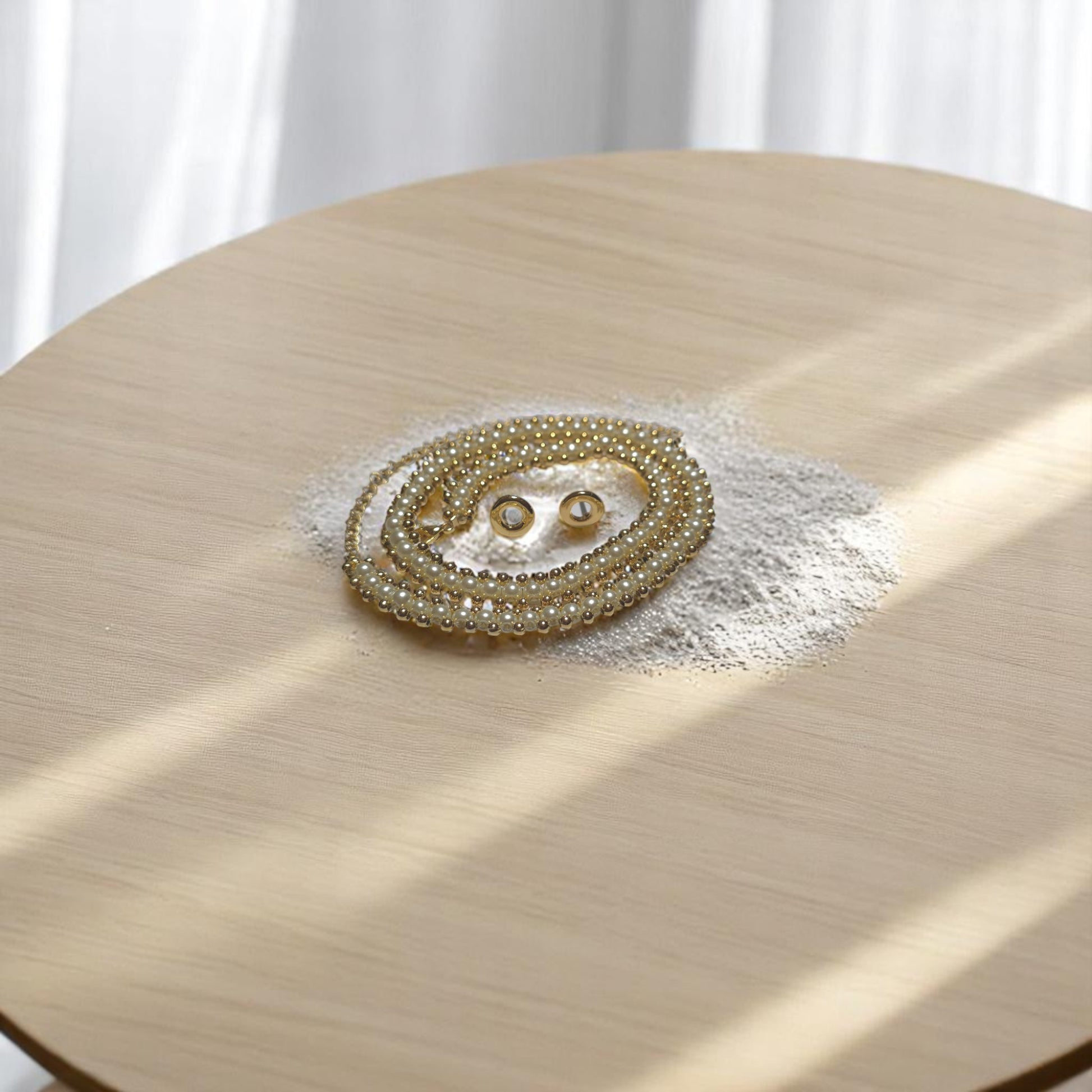 Vista superior de collar tejido de perlas con luz natural y fondo suave