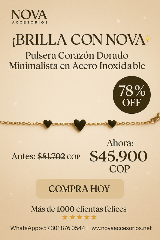 Presentación de pulsera con corazones dorados sobre soporte de exhibición