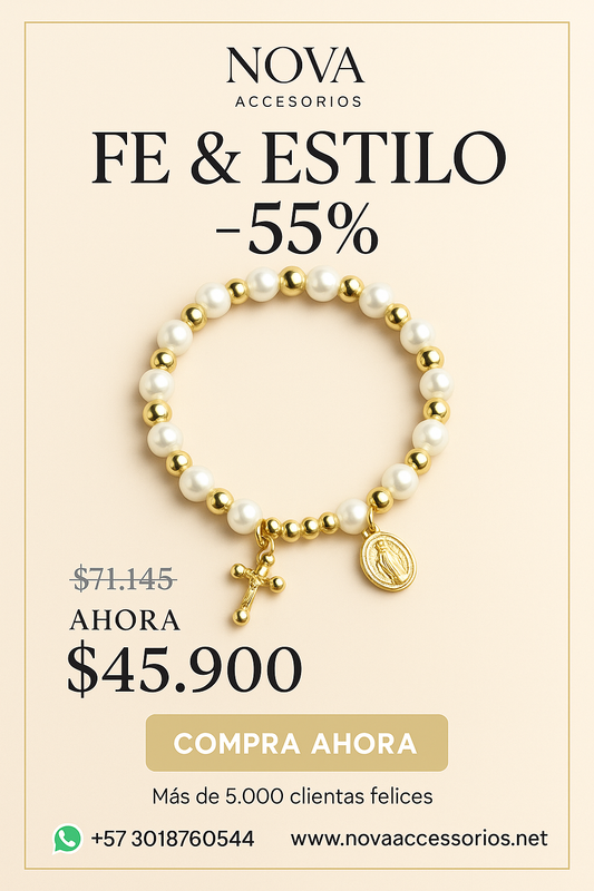 Pulsera de perlas blancas con cuentas doradas y dijes religiosos